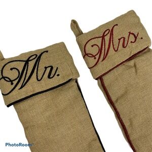 MR & MRS BURLAP CHRISTMAS HOLIDAY STOCKINGS LARGE 22" STOREHOUSE‎ COUPLE GIFT